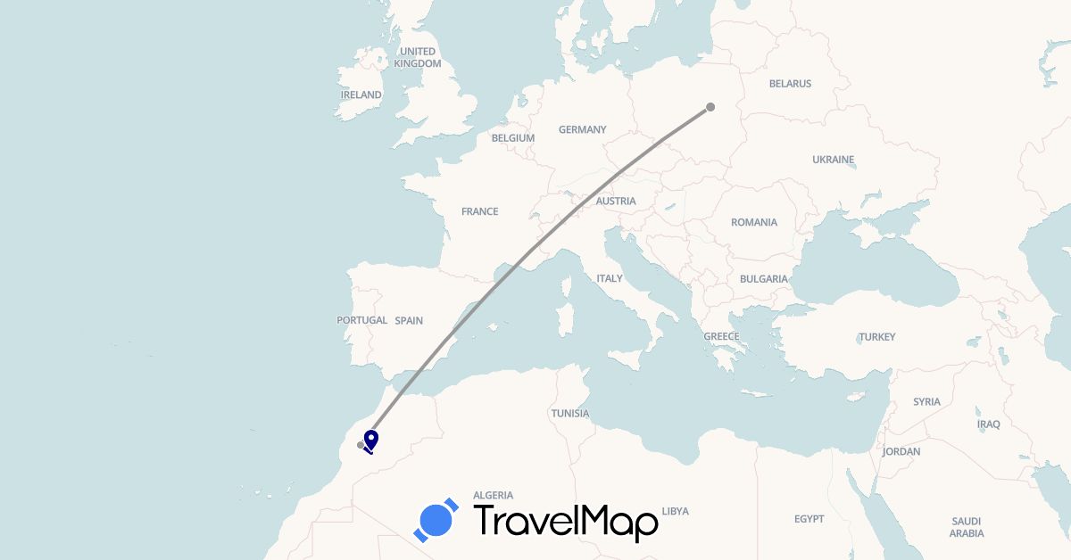 TravelMap itinerary: driving, plane in Morocco, Poland (Africa, Europe)
